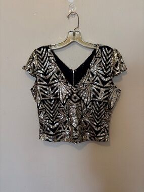Windsor Black Crop Top with Silver Sequin Geometric Design